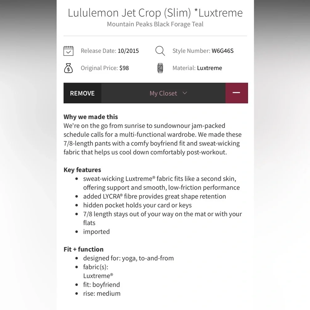 Lululemon Jet Crop (Slim) *Luxtreme Mountain Peaks Black Forage Teal - Picture 5 of 14